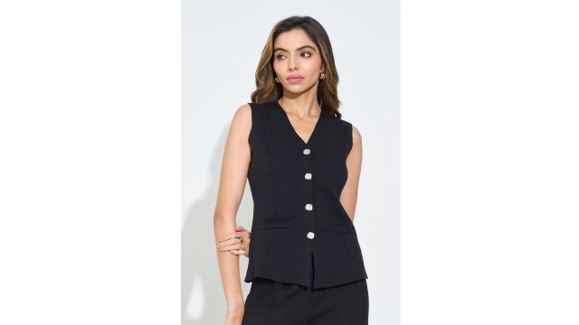 Annabelle Black Flat Knit Sleeveless Button-Front Top