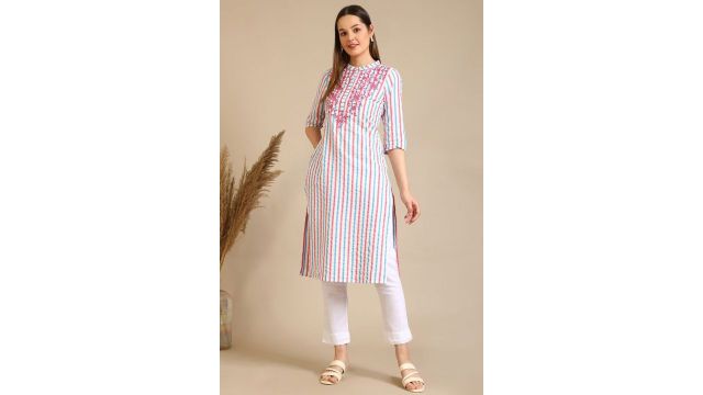 Aurelia Multi-coloured Striped Knee Length Casual Women Regular Fit Kurtas