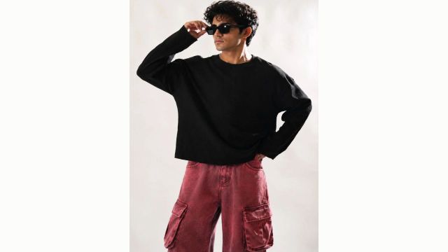 BEOVER Men's Black Boxy Crop T-shirt with Drop-Shoulder