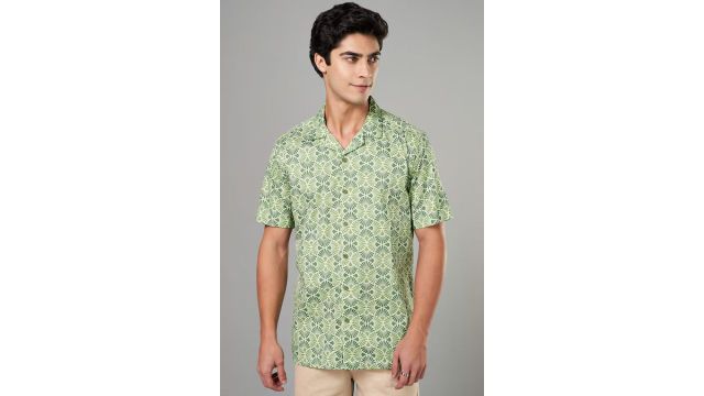 BYFORD Green Printed Casual Half Sleeves Shirt Collar Men Relaxed Fit Casual Shirt