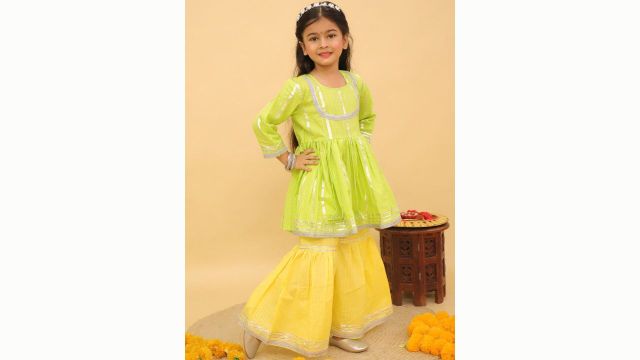 Baal Leela Girls Striped Empire Gotta Patti Pure Cotton Kurta With Sharara