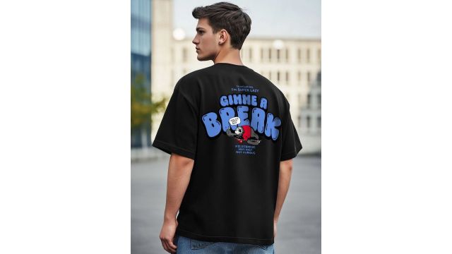 Bewakoof Men Black Gimme Break Graphic Printed Pure Cotton Oversized Fit T-shirt