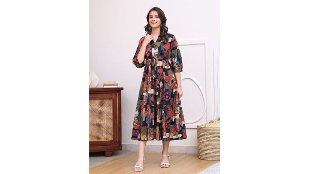 Claura Women Abstract Printed Mandarin Collar A-Line Dress