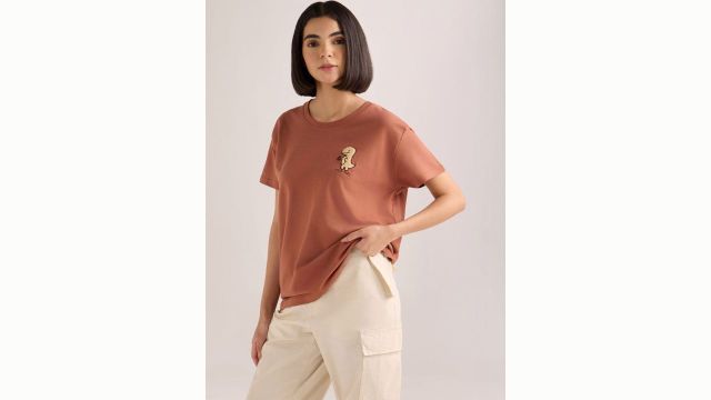 DILLINGER Womens Embroidery Boxy Regular Fit French Terry Cotton Tshirt