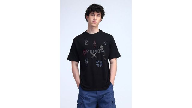 Flying Machine Black Printed Casual Half Sleeves Round Neck Men Relaxed Fit T-Shirts