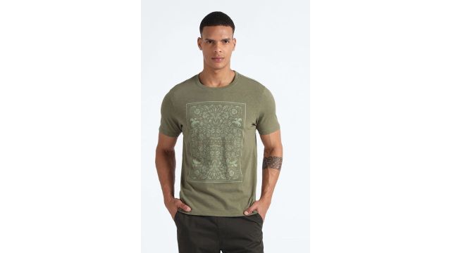 Flying Machine Olive Printed Casual Half Sleeves Round Neck Men Regular Fit T-Shirts