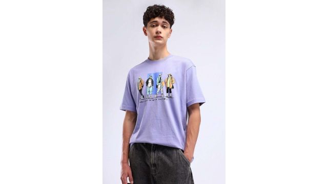 Flying Machine Purple Printed Casual Half Sleeves Round Neck Men Relaxed Fit T-Shirts