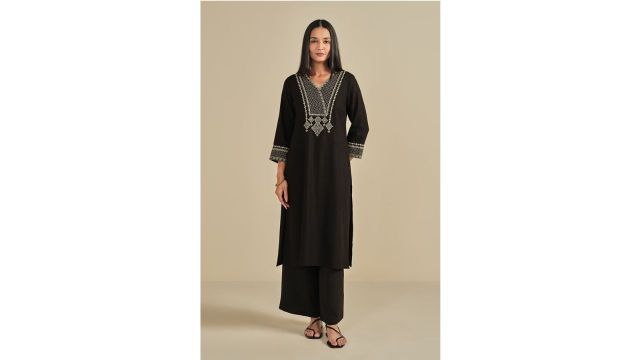 Global Desi Black Embroidered Calf Length Casual Women Regular Fit Kurta