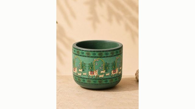 HABERE INDIA Black & Green Pichwai Cow Design Hand Painted Terracotta Planter