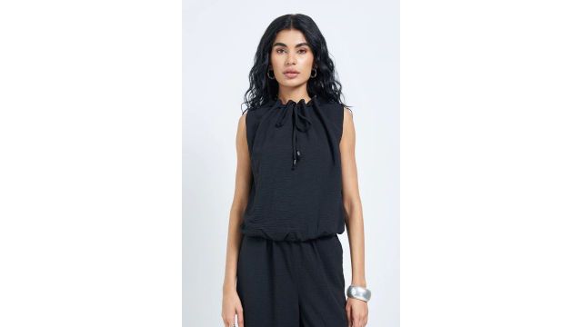 HONEY Black Crush Textured Sleeveless Tie-Up Neck Top