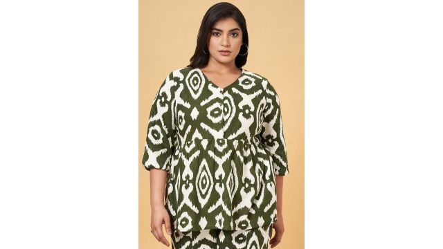 HONEY CURVYTUDE Dark Green Printed Casual Three-Quarter Sleeves Mandarin Collar Women Regular Fit Tops
