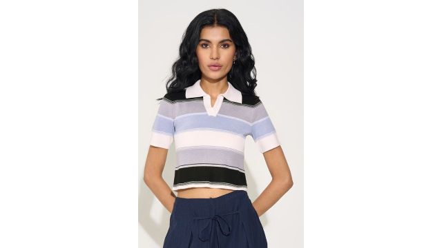 HONEY Multicoloured Striped Flat Knit Cropped Johnny Polo Top