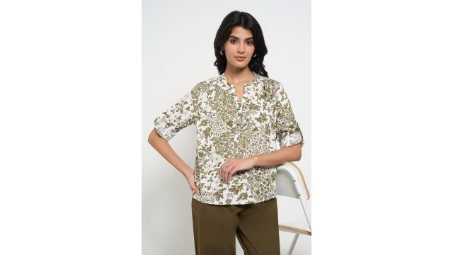 HONEY Olive Printed Casual Full Sleeves Mandarin Collar Women Regular Fit Top
