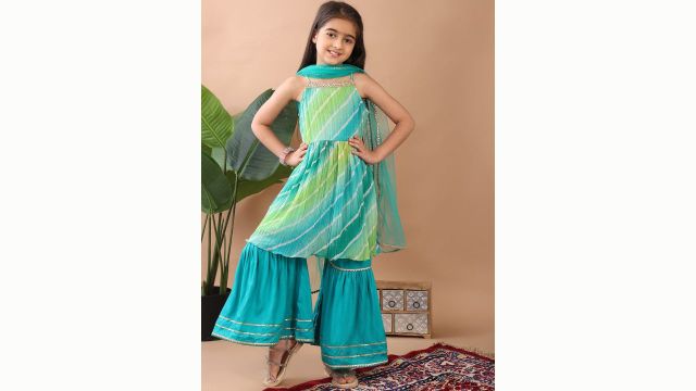 Here&Now X Kinder Kids Girls Leheriya Printed Kurti with Sharara And Dupatta