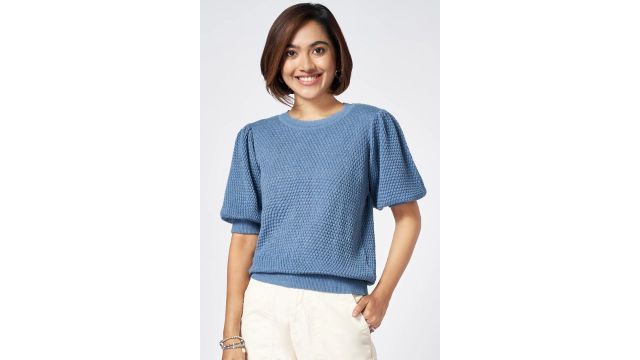 Honey Medium Blue Textured Casual Half Sleeves Round Neck Women Slim Fit Top