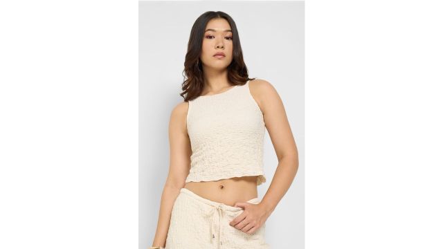 Honey Off White Textured Casual Women Slim Fit Top