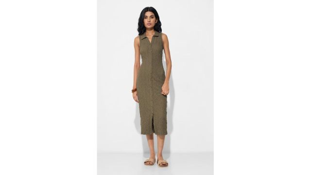 Honey Olive Sleeveless Solid Textured Bodycon Midi Dress