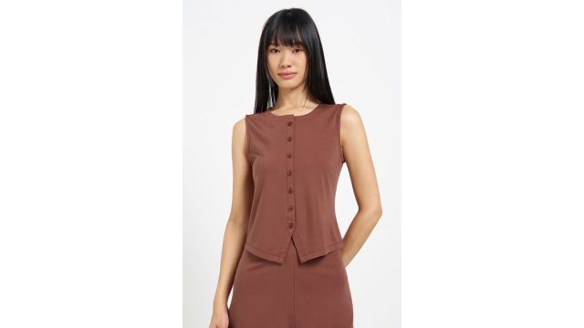 Honey Rust Sleeveless Button-Front Tailored Top