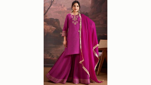 House of Pataudi Floral Embroidered Straight Kurta & Sharara with Dupatta