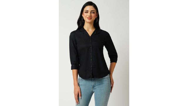 Kraus Black Solid Casual Three-Quarter Sleeves Shirt Collar Women Slim Fit Shirts