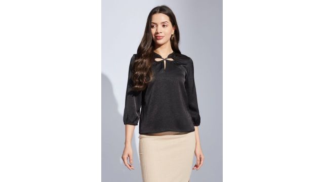 LATIN QUARTERS Black Solid Party Three-Quarter Sleeves Tie-Up Neck Women Regular Fit Top