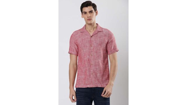 Lee Cooper Red Textured Casual Half Sleeves Shirt Collar Men Oversized Casual Shirts