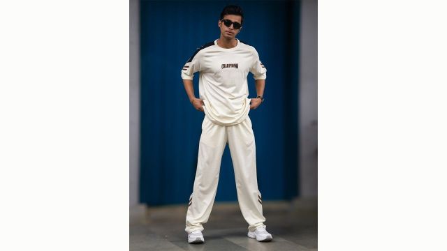 Maniac Men Colorblock Round Neck Half Sleece Cream and Black Cotton Co-Ords Set