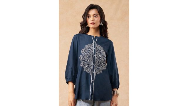 Marigold Lane Navy Floral Embroidered Button-Front Top