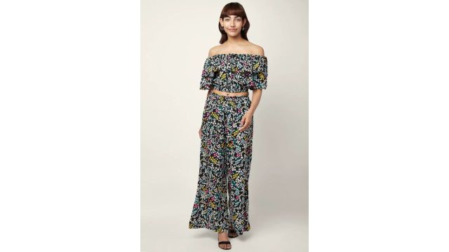PEOPLE Black Printed Off Shoulder Half Sleeves Women Regular Fit Top & Bottom Set