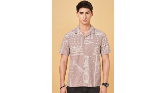 PEOPLE Peach Printed Casual Half Sleeves Shirt Collar Men Regular Fit Casual Shirt