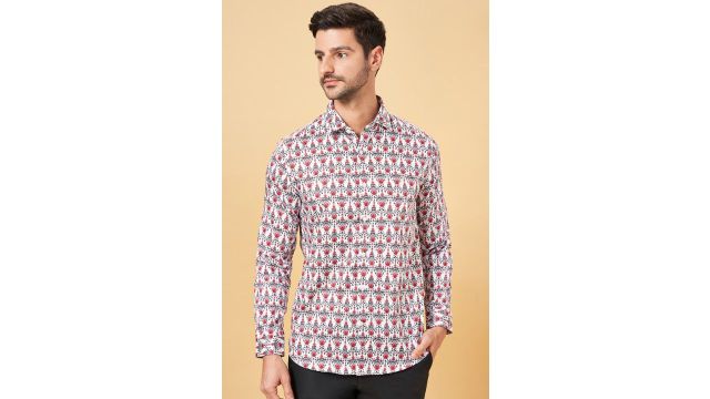 PEREGRINE White Printed Party Full Sleeves Shirt Collar Men Slim Fit Party Shirts