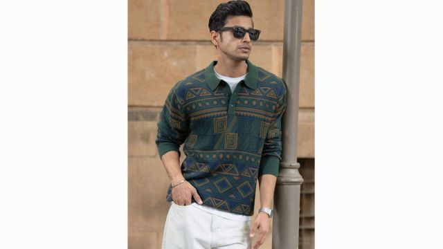 Powerlook SS25 Geometric Printed Polo Collar Jacquard Knit Pure Cotton T-shirt