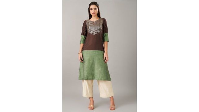 Rangmanch Brown Textured Below Knee Length Festive Women Regular Fit Kurta