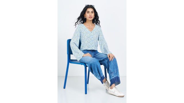 SF Jeans Aqua Ditsy Floral Button-Front Top