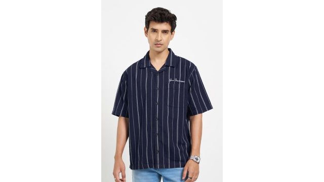 SF Jeans Denim Blue Striped Half Sleeve Shirt