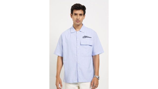 SF Jeans Light Blue Pinstriped Half Sleeve Shirt