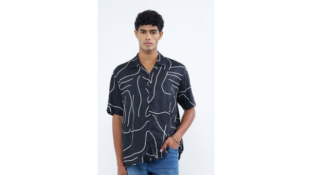 SF Jeans Navy Relaxed Fit Line Print Resort Shirt