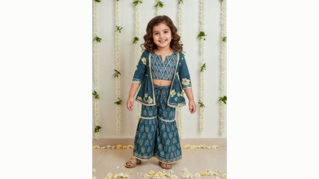 Sangria Girls Floral Printed Panelled Gotta Patti Pure Cotton Panelled Kurti With Sharara