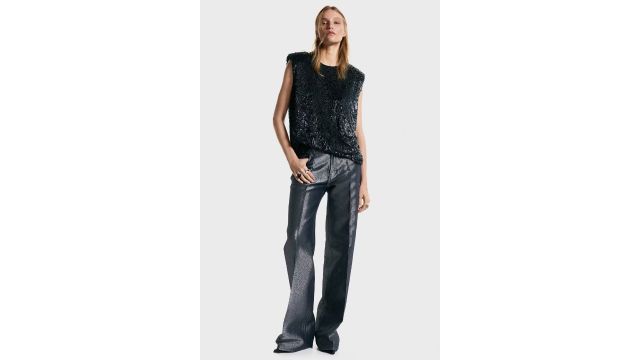 Sequined Shoulder-Pad Top