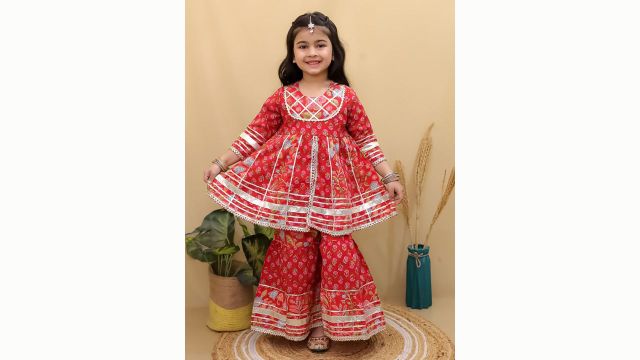 Superminis Girls Floral Printed Gotta Patti Pure Cotton Anarkali Kurti with Sharara