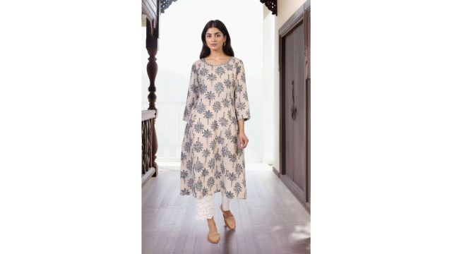 W Beige Printed Casual Women Regular Fit Kurta