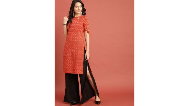 Women Orange Woven Design Ikat Straight Kurta with Tassel Detai