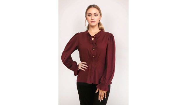 ZINK LONDON Maroon Solid Casual Full Sleeves Tie-up Neck Women Regular Fit Top