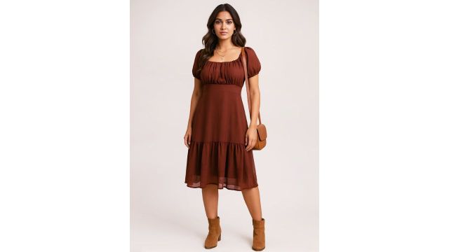 Zink London Brown Solid Flared Dress