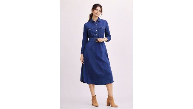Zink London Medium Blue Solid Midi Loose Fit Dress