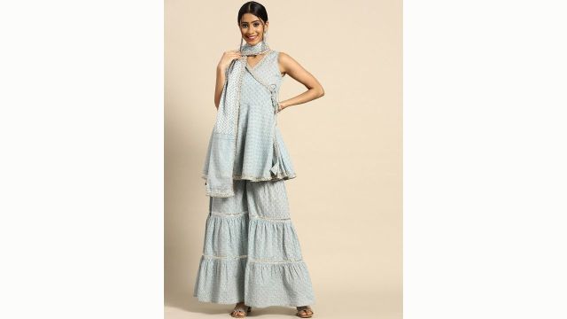 anayna Women Grey & White Floral Printed Angrakha Pure Cotton Kurta with Sharara & Dupatta