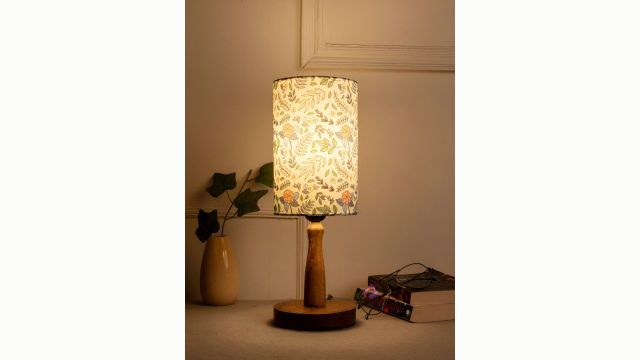 green girgit Brown & White Floral Printed Cylindrical Shaped Wooden Table Lamp With Bulb