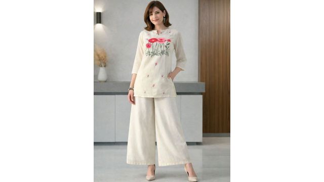 BAESD Floral Cotton Embroidered Tunic with Trousers