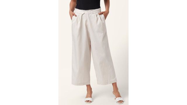 Beige Textured Ankle Length High Rise Casual Women Relaxed Fit Trousers