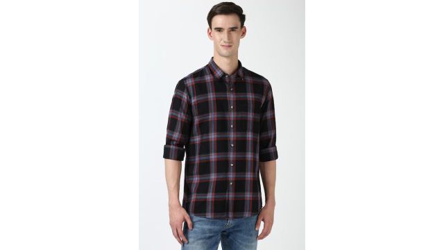 Black Checked Casual Full Sleeves Shirt Collar Men Slim Fit Casual Shirts